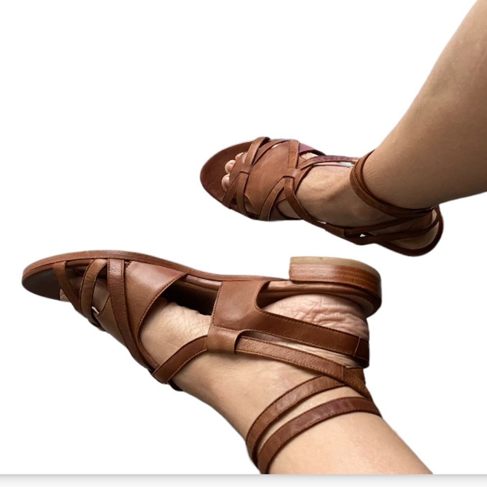 Stuart Weitzman Brown Leather Strap Ankle Wrap Flat Sandals Size 8.5M